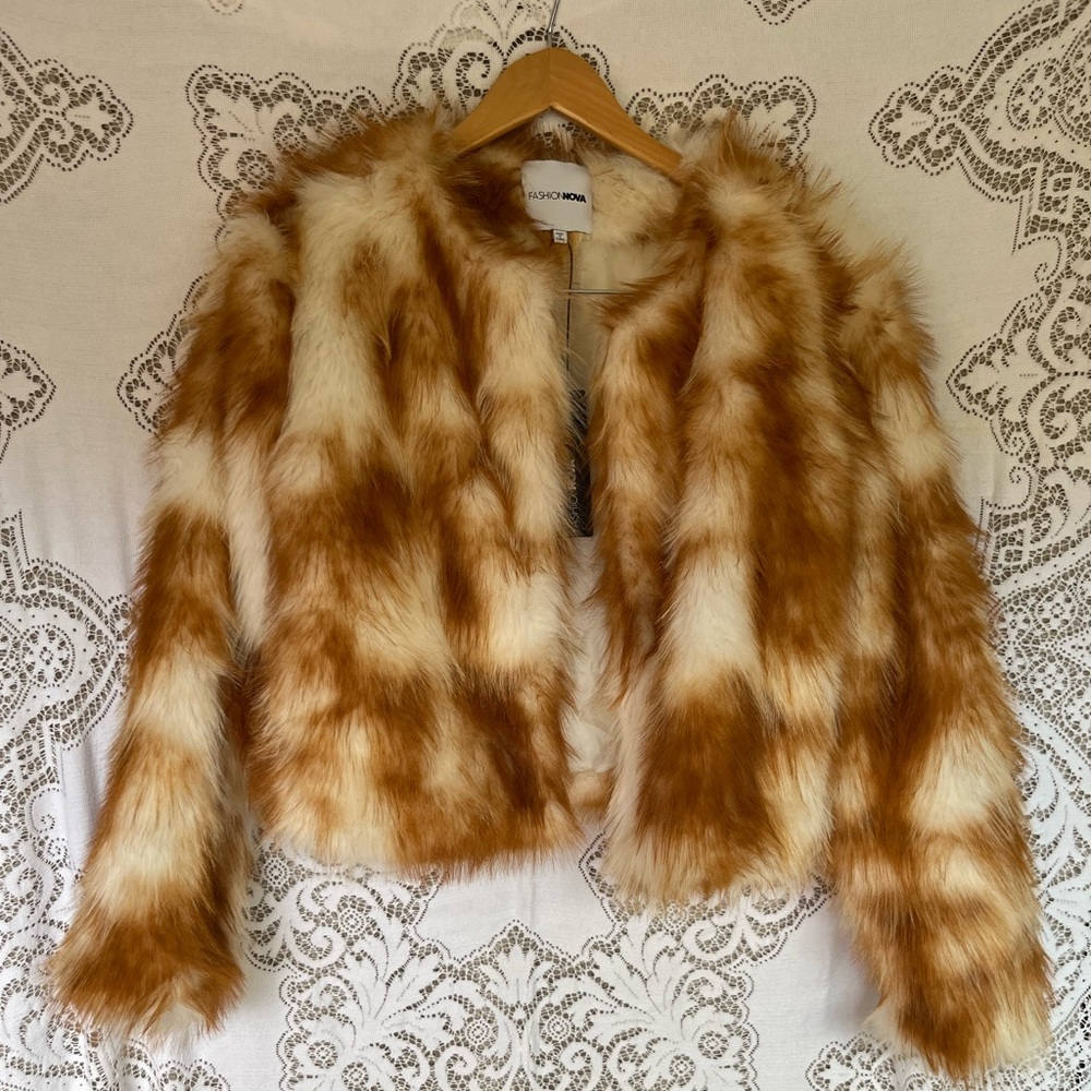 Fashion Nova Teddy Jacket in Brown and Cream